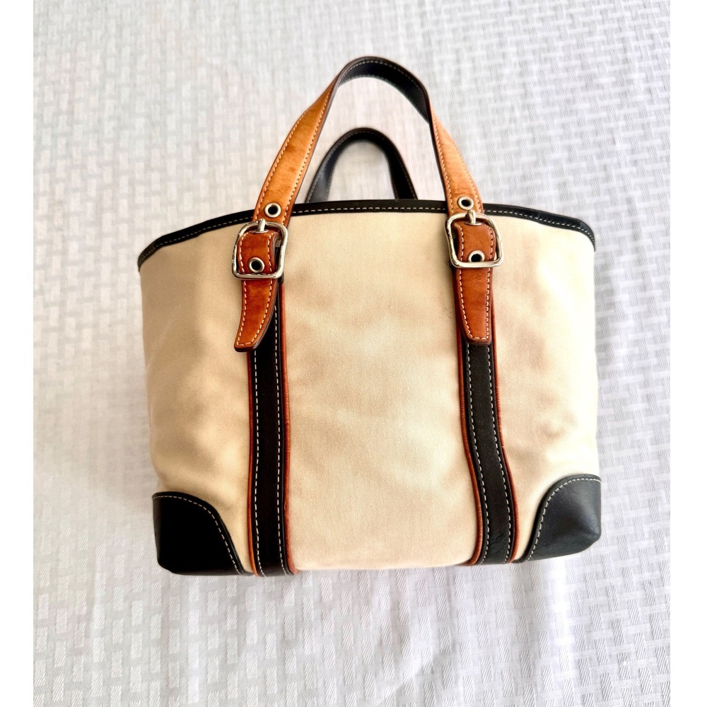 Coach Hampton Canvas Leather Trim Tote Bag Cream Black Tan 7741 Small Shoulder - Picture 7 of 16